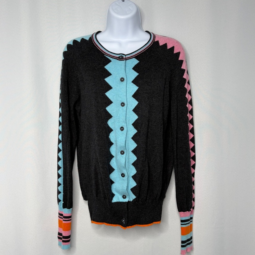 Zaket & Plover Womens XS Colorblock Zigzag Cardigan Sweater Grey Blue Pink Mod